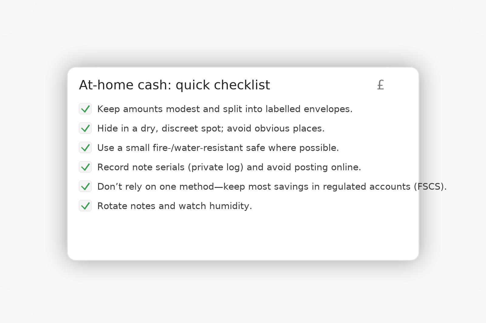 Checklist card for safe at-home cash handling